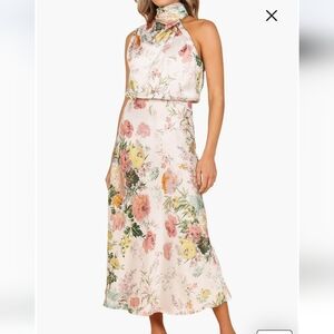 Anabelle Floral Halter Neck Satin Midi Dress